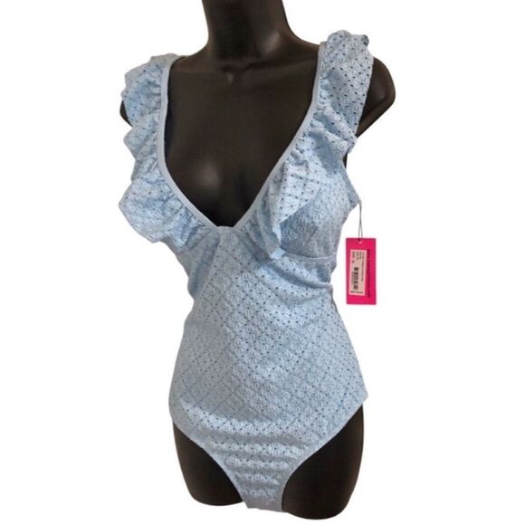 Betsey Johnson Clear Sky Blue Suit Ruffle Eyelet V Swimsuit size L New - Picture 2 of 5